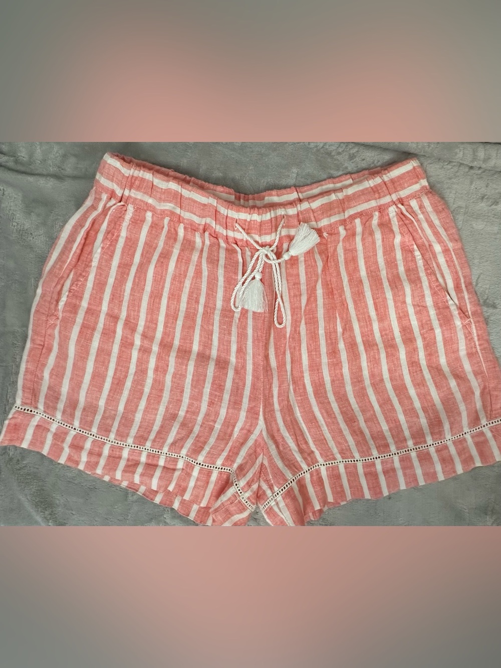 C&C California 100% Linen Coral Pink Striped Tassel Shorts Size Small